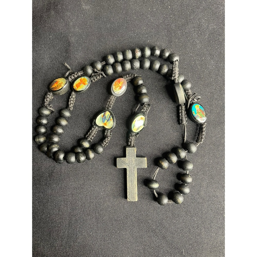 Black Wood Bead Rosary Necklace with Saint Icons and Crucifix Cross Pendant